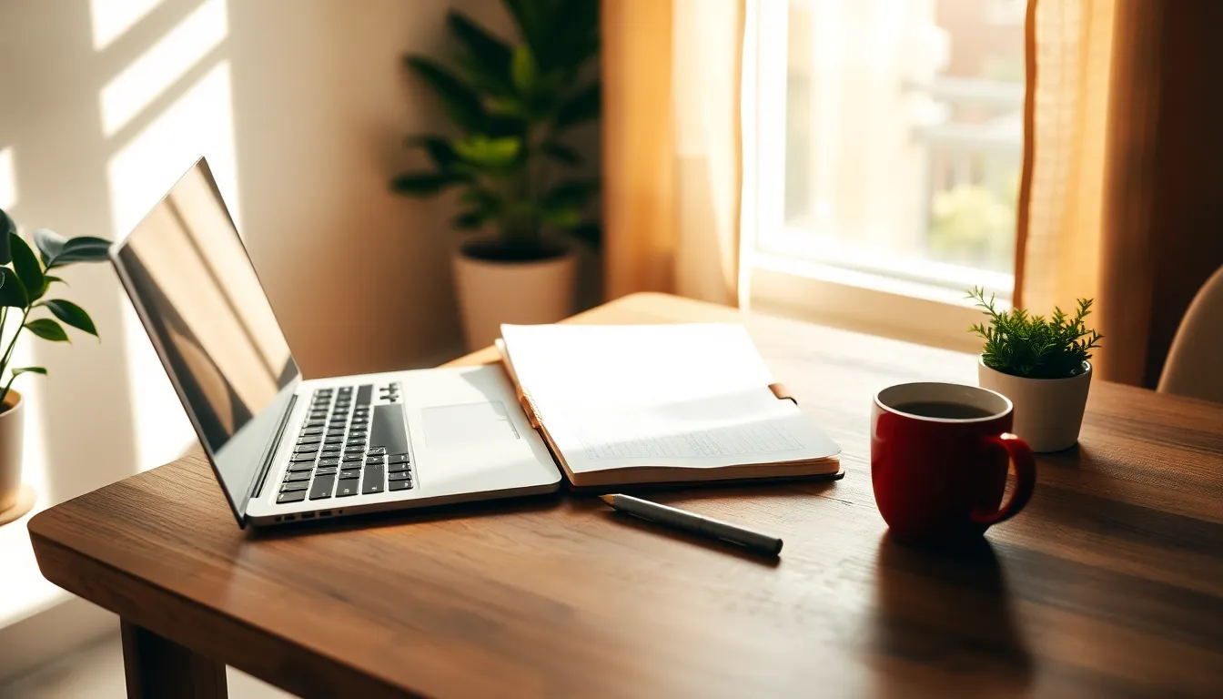 재택근무 중 노트북과 커피가 놓인 깔끔한 책상 이미지